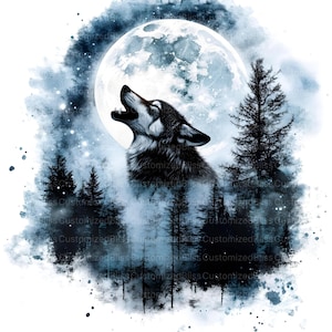 May include: A black and white wolf howls at a full moon in a watercolor painting. The wolf is surrounded by a forest of dark trees. The moon is a pale blue color and is surrounded by a ring of stars.
