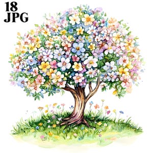 May include: Watercolor painting of a tree in full bloom, showcasing a vibrant array of colorful flowers in shades of white, yellow, pink, and blue. The tree trunk is brown, and the base features green grass and wildflowers. The text "18 JPG" is in the upper left corner.