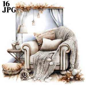 16 Cosy Home Decor clipart, interieur clipart, Cosy Home clipart, hoge kwaliteit JPG, aquarel clipart, junk Journal, digitale download, ambacht