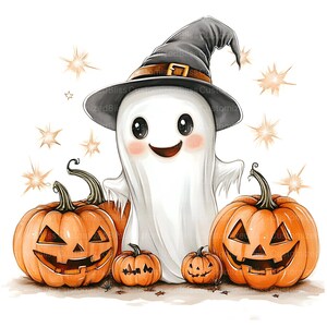 May include: A whimsical Halloween illustration featuring a friendly ghost wearing a witch hat, surrounded by carved orange pumpkins. The ghost has rosy cheeks and a smiling expression. Decorative starbursts and autumn leaves add to the festive scene.