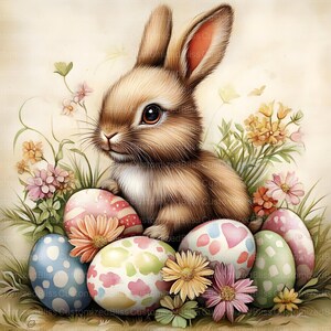 May include: A brown bunny rabbit sits amongst a bed of colorful Easter eggs and flowers. The eggs are decorated with various patterns and colors, including pink, blue, green, and white.