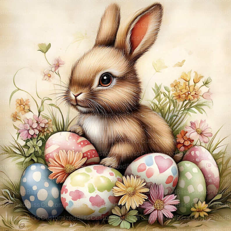 May include: A brown bunny rabbit sits amongst a bed of colorful Easter eggs and flowers. The eggs are decorated with various patterns and colors, including pink, blue, green, and white.