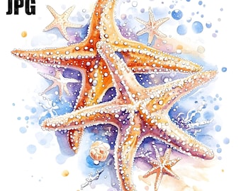 12 Starfish Clipart, Starfish Images, Beach Clipart, Watercolor Clipart, High Quality JPGs, Digital Download, Paper Craft, Junk Journal