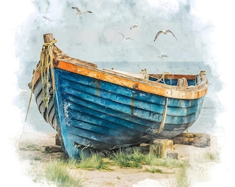 27 Vintage Old Boats With Seagull Clipart, Row Boat Clipart, Fishing Boats Clipart, Sea Clipart, Ocean Clipart, Watercolor Clipart, JPG