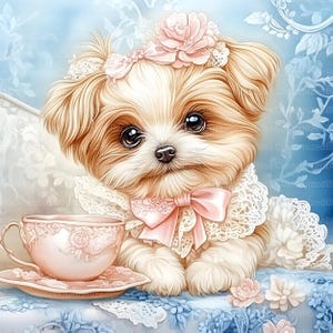 May include: A small, fluffy, light brown dog wearing a white lace collar with a pink bow and a pink flower headband. The dog is sitting on a blue and white floral patterned surface with a pink teacup and saucer in front of it.