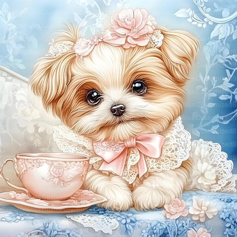 May include: A small, fluffy, light brown dog wearing a white lace collar with a pink bow and a pink flower headband. The dog is sitting on a blue and white floral patterned surface with a pink teacup and saucer in front of it.