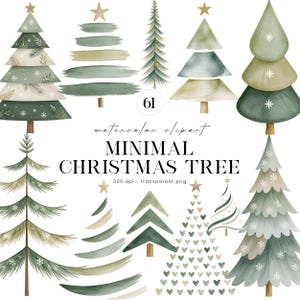 Puede incluir: Una colección de ilustraciones de árboles de Navidad en acuarela en varios tonos de verde y beige. El conjunto incluye árboles con patrones de copos de nieve, diseños de pinceladas y motivos de corazones, con el texto 61 watercolor clipart MINIMAL CHRISTMAS TREE 300 dpi - transparent png.