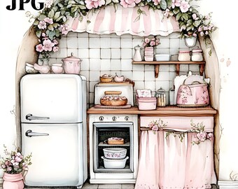 20 Shabby Chic Floral Kitchen Clipart, Watercolor Kitchen, High Quality JPG, Watercolor Clipart, Junk Journal, Digital Download, Paper Craft