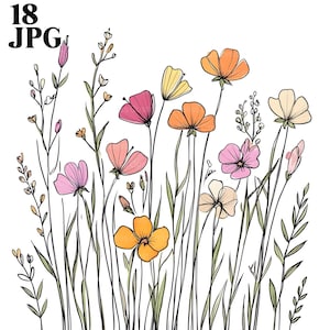 18 Sketched Colored Wildflowers Clipart, Doodle Hand Drawn Botanical Flowers Clipart, JPGs, Junk Journal, Digital Download, Paper Craft