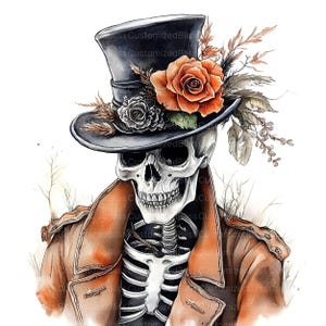 May include: A watercolour illustration depicts a skeleton in a black top hat decorated with an orange rose and foliage. The skeleton wears a brown coat, revealing its rib cage and skull. The background is a soft, neutral colour.