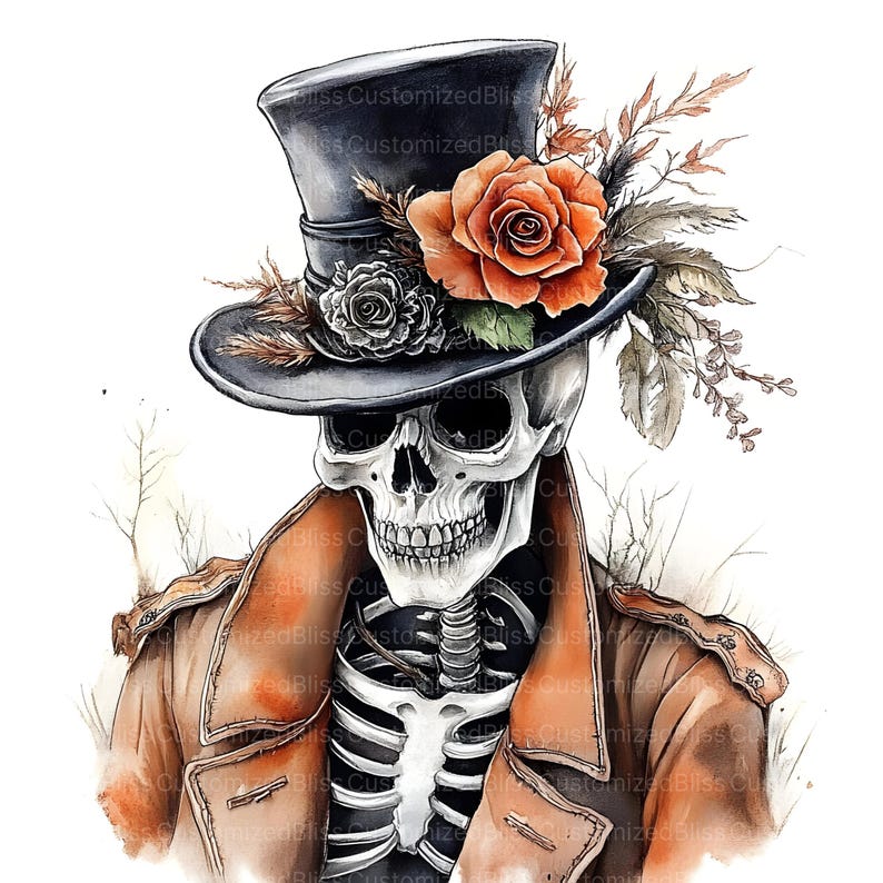 May include: A watercolour illustration depicts a skeleton in a black top hat decorated with an orange rose and foliage. The skeleton wears a brown coat, revealing its rib cage and skull. The background is a soft, neutral colour.