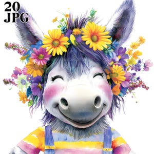 Zerzauste Esel mit Blumen Clip Art, Cartoon Esel, 20 hochwertige JPGs, Aquarell Clipart, Junk Journal, Scrapbooking digitaler Download