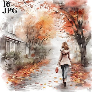 Könnte beinhalten: Aquarellmalerei einer Person, die einen Weg entlanggeht, der im Herbst von Bäumen gesäumt ist. Die Bäume haben orange und rote Blätter, und abgefallene Blätter bedecken den Boden. Die Person trägt einen hellen Mantel und eine rote Tasche. Der Text "16 JPG" ist vorhanden.