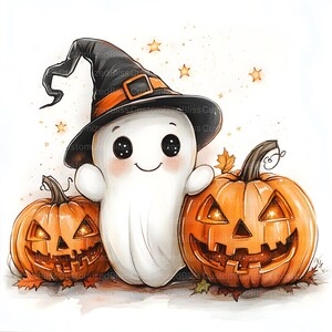 May include: A whimsical Halloween illustration featuring a friendly ghost wearing a witch hat, flanked by two carved orange pumpkins. The ghost has rosy cheeks and a smiling face. Gold stars and autumn leaves complete the festive scene.