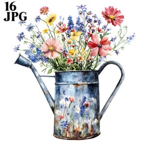 16 Clipart floral arrosoir, fleurs sauvages, clipart aquarelle, fichiers JPG de haute qualité, Junk Journal, téléchargement numérique, créations en papier