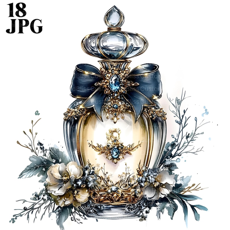 May include: A gold and blue perfume bottle with a large blue bow and floral accents. The bottle is decorated with jewels and has a detailed design.