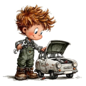 May include: A cartoon illustration of a young child with messy ginger hair wearing green overalls and a plaid shirt, holding a silver wrench. The child stands next to a small, weathered, light-coloured car with its hood open, revealing the engine.
