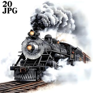 20 imágenes prediseñadas de trenes antiguos, locomotoras de vapor, viajes antiguos, arte nostálgico de trenes, imágenes prediseñadas de ferrocarriles, diario basura, descarga digital, JPG