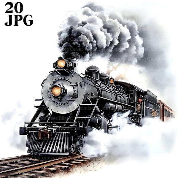 20 vintagetåg Clipart, ånglok, vintageresor, nostalgisk tågkonst, järnvägsclipart, skräpjournal, digital nedladdning, JPG
