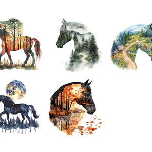 Puede incluir: Cuatro acuarelas de caballos con diferentes paisajes en su interior. El primer caballo es marr&oacute;n y tiene un bosque en su interior. El segundo caballo es blanco y tiene un bosque brumoso en su interior. El tercer caballo es blanco y tiene una pradera verde con un camino en su interior. El cuarto caballo es marr&oacute;n y tiene un bosque con un r&iacute;o en su interior.