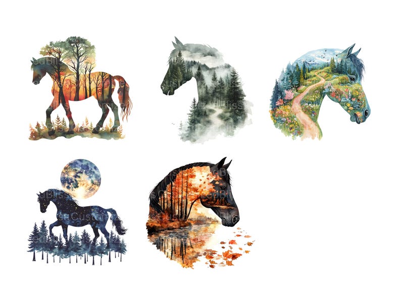 Puede incluir: Cuatro acuarelas de caballos con diferentes paisajes en su interior. El primer caballo es marr&oacute;n y tiene un bosque en su interior. El segundo caballo es blanco y tiene un bosque brumoso en su interior. El tercer caballo es blanco y tiene una pradera verde con un camino en su interior. El cuarto caballo es marr&oacute;n y tiene un bosque con un r&iacute;o en su interior.