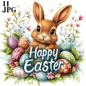 11 Happy Easter Clipart, Easter Bunny Clipart, Easter Eggs Clipart, High Quality JPGs, Watercolor Clipart, Junk Journal, Digital Download