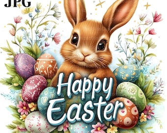 11 Happy Easter Clipart, Easter Bunny Clipart, Easter Eggs Clipart, High Quality JPGs, Watercolor Clipart, Junk Journal, Digital Download