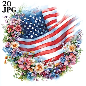 20 Amerikanische Flagge Clipart, 4. Juli Clipart, Florale Sterne und Streifen, hochwertige JPGs, Junk Journal, Digital Download, Papiermodelle