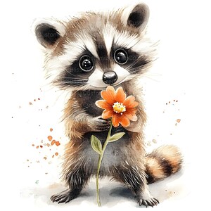 Puede incluir: Una pintura de acuarela de un mapache sosteniendo una flor naranja. El mapache est&aacute; mirando la flor con una expresi&oacute;n dulce. El fondo es una acuarela de color marr&oacute;n claro.