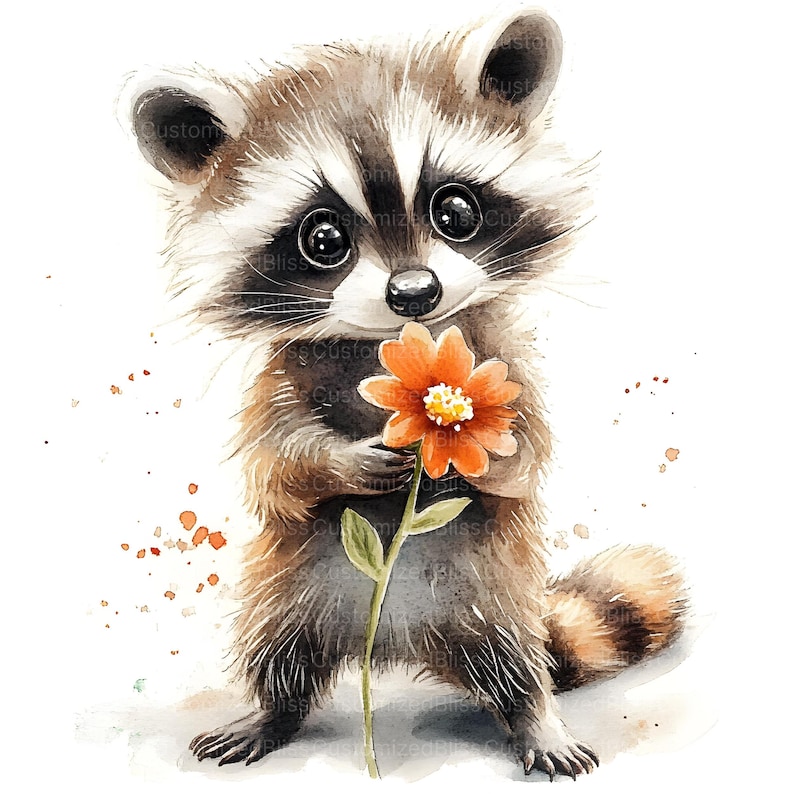 Puede incluir: Una pintura de acuarela de un mapache sosteniendo una flor naranja. El mapache est&aacute; mirando la flor con una expresi&oacute;n dulce. El fondo es una acuarela de color marr&oacute;n claro.