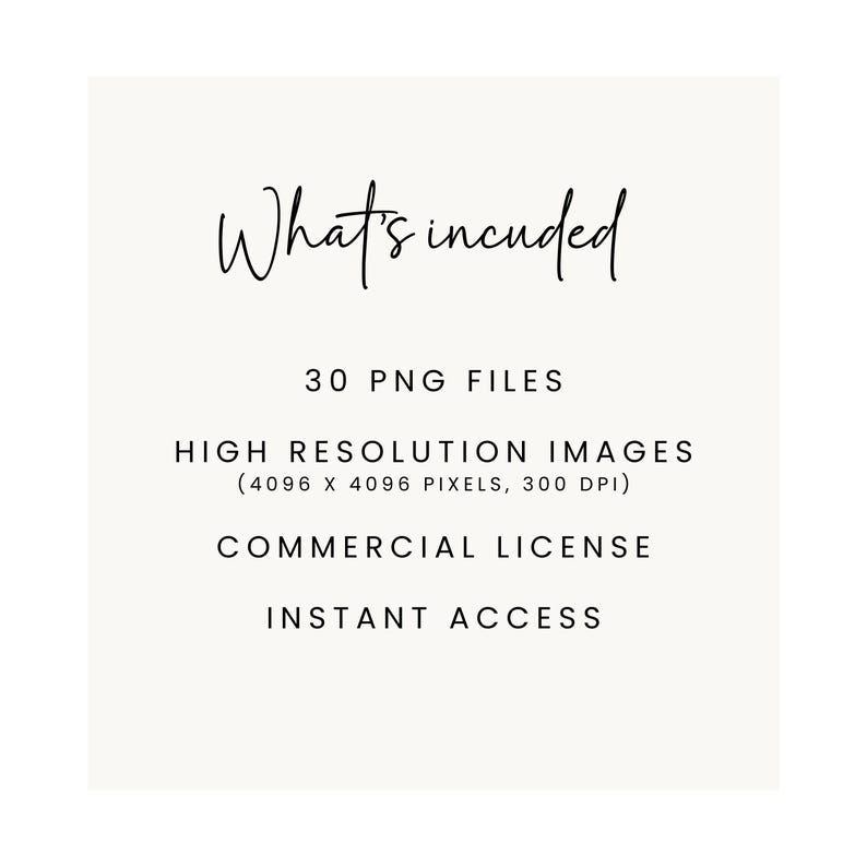 Pode incluir: Um gr&aacute;fico de texto branco sobre um fundo bege claro. O texto diz "What's included" em uma fonte de escrita &agrave; m&atilde;o. Abaixo do texto, as seguintes informa&ccedil;&otilde;es s&atilde;o listadas: "30 PNG FILES", "HIGH RESOLUTION IMAGES (4096 X 4096 PIXELS, 300 DPI)", "COMMERCIAL LICENSE" e "INSTANT ACCESS".