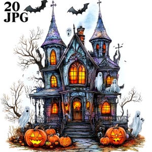 20 Whimsical Haunted House Clipart, Halloween Clipart, High Quality JPGs, Watercolor Clipart, Junk Journal, Digital Download, Paper Craft