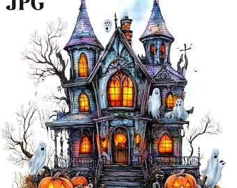 20 Whimsical Haunted House Clipart, Halloween Clipart, High Quality JPGs, Watercolor Clipart, Junk Journal, Digital Download, Paper Craft