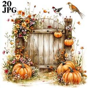 May include: Watercolor illustration of a wooden gate adorned with orange pumpkins and colorful flowers. Two birds are perched above the gate. The image has the text "20 JPG" in the upper left corner.