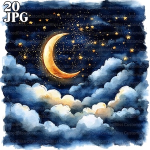 20 nachtelijke hemel clipart, maan clipart, ster clipart, hoge kwaliteit JPG, aquarel clipart, junk Journal, digitale download, Paper Craft-illustraties