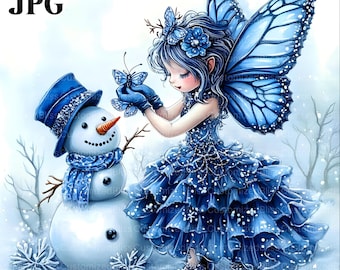 May include: A blue fairy with butterfly wings and a blue dress stands in a snowy scene with a snowman. The fairy is holding a blue butterfly in her hand. The snowman is wearing a blue hat and scarf.