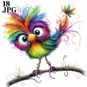 18 imágenes prediseñadas de pájaros peculiares, pájaros graciosos, arte de pájaros divertidos, pájaros extravagantes, imágenes prediseñadas de acuarela, diario basura, descarga digital, manualidades de papel, JPG