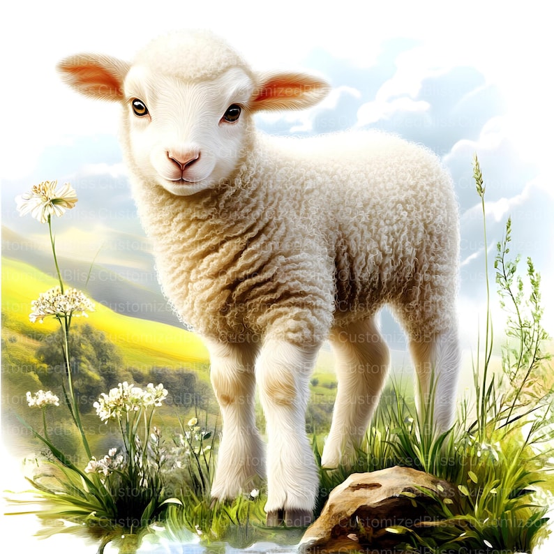May include: A white lamb with fluffy fur stands in a grassy field with wildflowers. The lamb is looking directly at the camera with a curious expression.