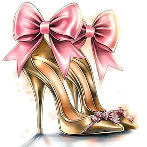 Pu&ograve; includere: Illustrazione di due scarpe col tacco alto dorate con fiocchi rosa. Le scarpe hanno punte affilate e tacchi sottili. I fiocchi sono grandi e posti sul retro delle scarpe. L'immagine ha uno stile acquerello.