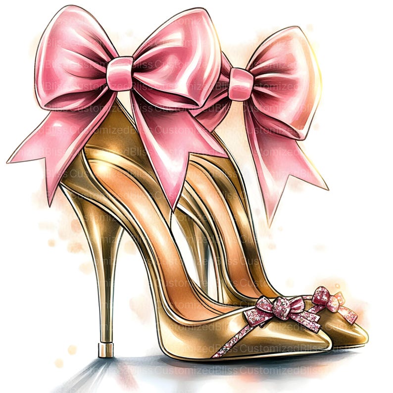 Pu&ograve; includere: Illustrazione di due scarpe col tacco alto dorate con fiocchi rosa. Le scarpe hanno punte affilate e tacchi sottili. I fiocchi sono grandi e posti sul retro delle scarpe. L'immagine ha uno stile acquerello.
