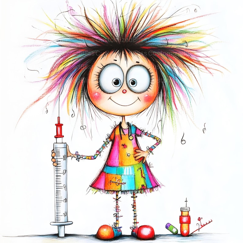 May include: A cartoon illustration of a girl with colorful hair holding a large syringe. She is wearing a colorful patchwork dress and has a happy expression on her face. There are two small bottles and a pill on the ground.