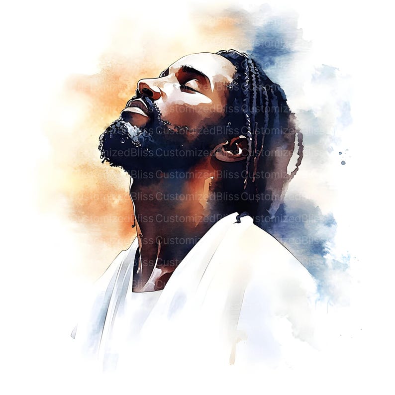 May include: Watercolor portrait of a person with dark skin, eyes closed, and head tilted upwards. The person has a beard and long, braided hair. The background features orange, blue, and white watercolor washes.