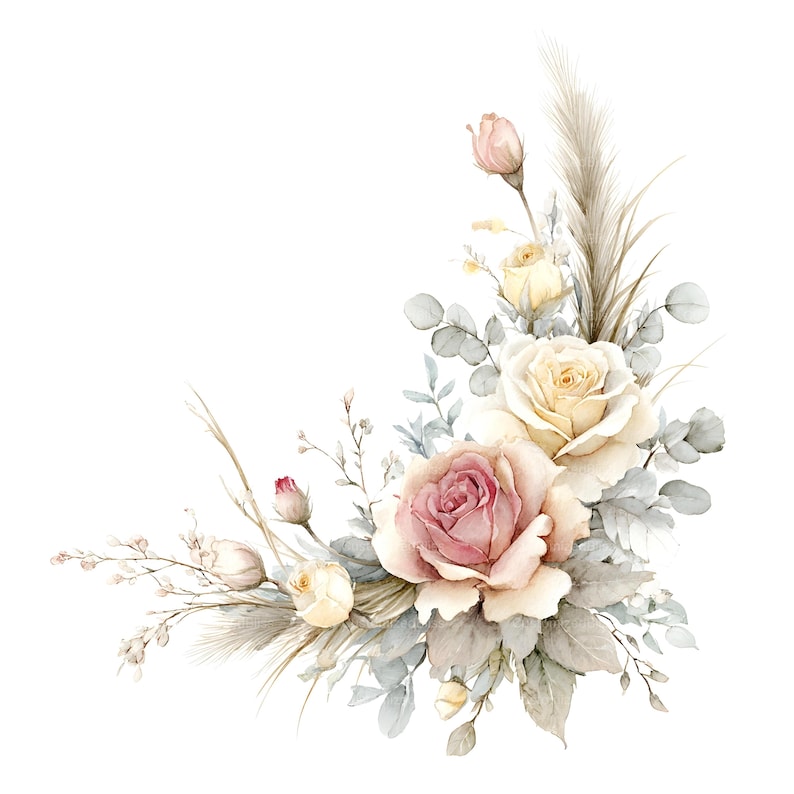 May include: A floral arrangement featuring a large dusty pink rose, a cream-colored rose, and several smaller rose buds. The bouquet is accented with feathery pampas grass plumes and sprigs of muted sage green eucalyptus leaves on thin stems.