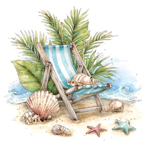 May include: A watercolour illustration of a beach scene featuring a blue and white striped deck chair, seashells, starfish, and palm leaves. The wooden chair and beach setting create a relaxing summer atmosphere.