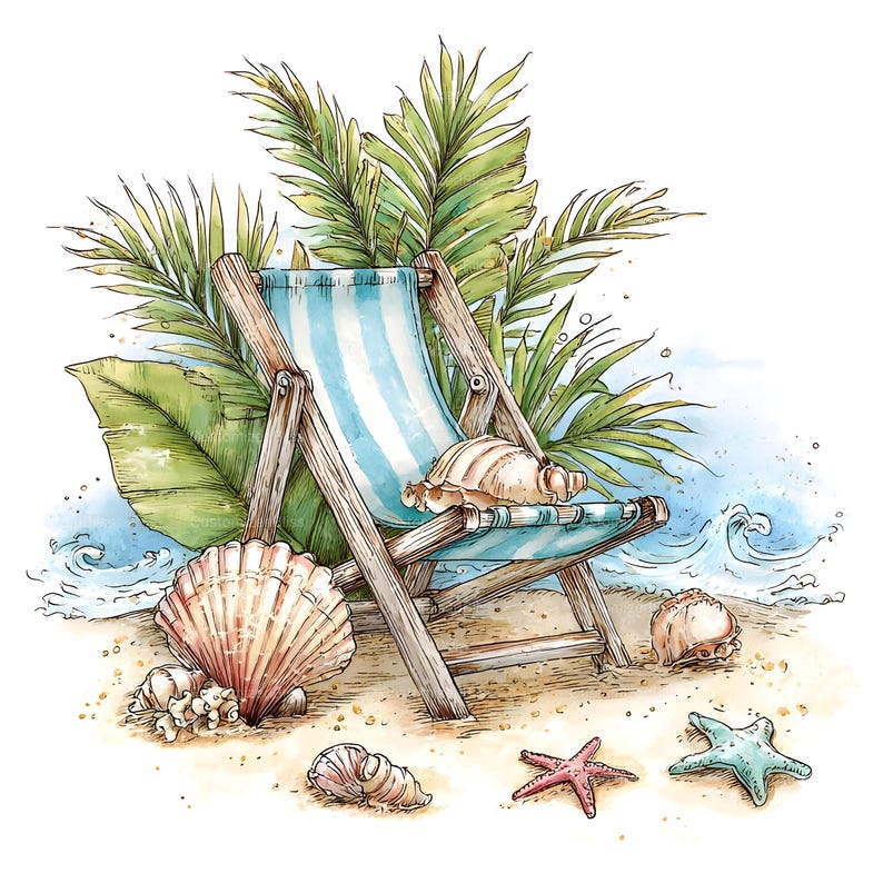 May include: A watercolour illustration of a beach scene featuring a blue and white striped deck chair, seashells, starfish, and palm leaves. The wooden chair and beach setting create a relaxing summer atmosphere.