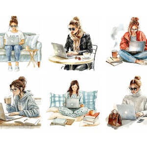 May include: Six watercolor illustrations of women working on laptops in different settings. The women are wearing casual clothing and have their hair pulled back. The illustrations are in a soft, muted color palette.