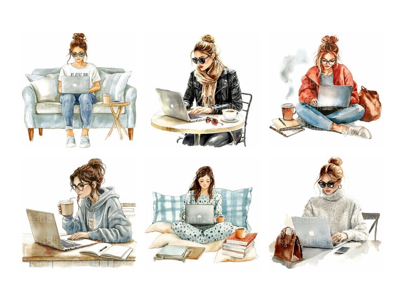 May include: Six watercolor illustrations of women working on laptops in different settings. The women are wearing casual clothing and have their hair pulled back. The illustrations are in a soft, muted color palette.