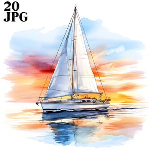 May include: Watercolor painting of a sailboat on the water with a colorful sunset in the background. The boat has white sails and a white hull. The text "20 JPG" is in the upper left corner.
