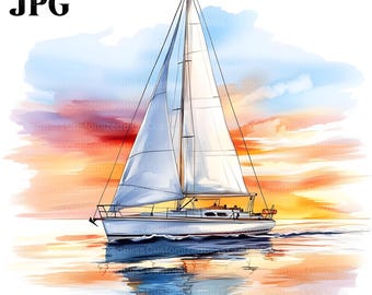 20 Sunset Sailboat Clipart, Sailboat At Dawn Clipart, High Quality JPG, Watercolor Clipart, Junk Journal, Digital Download, Paper Craft