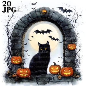 20 Halloween Black Cat Clipart, Halloween Clipart, High Quality JPGs, Watercolor Clipart, Junk Journal, Digital Download, Paper Craft